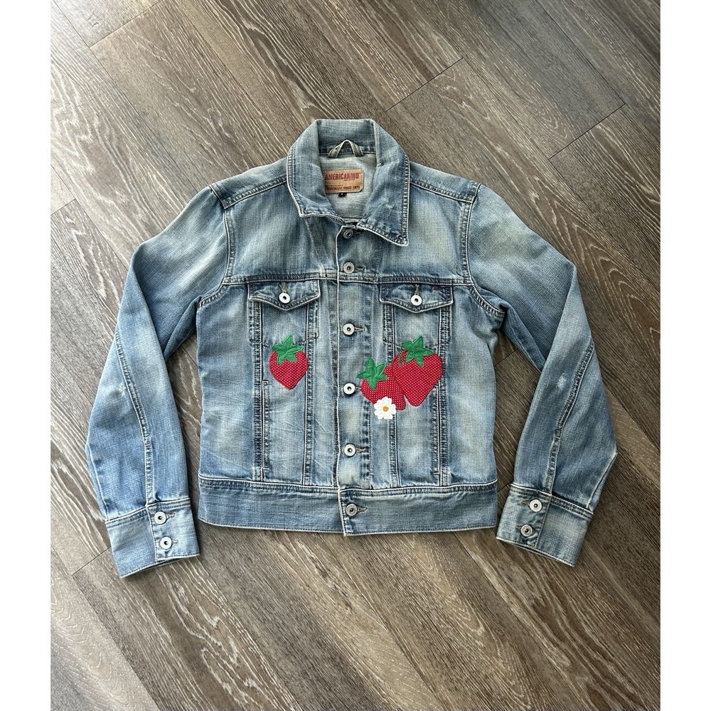 Vintage Americanino Strawberry Patchwork Denim Jacket Women's L Farm Coquette